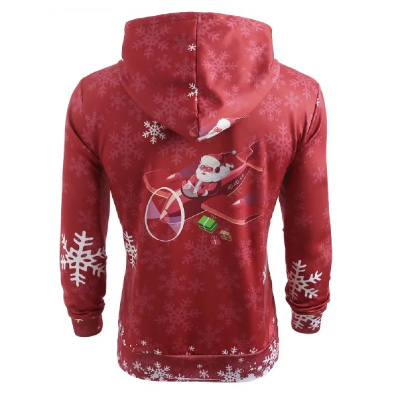 Christmas Santa Plane Snowflakes Print Hoodie - Chestnut Red - Pro Sporting Apparel